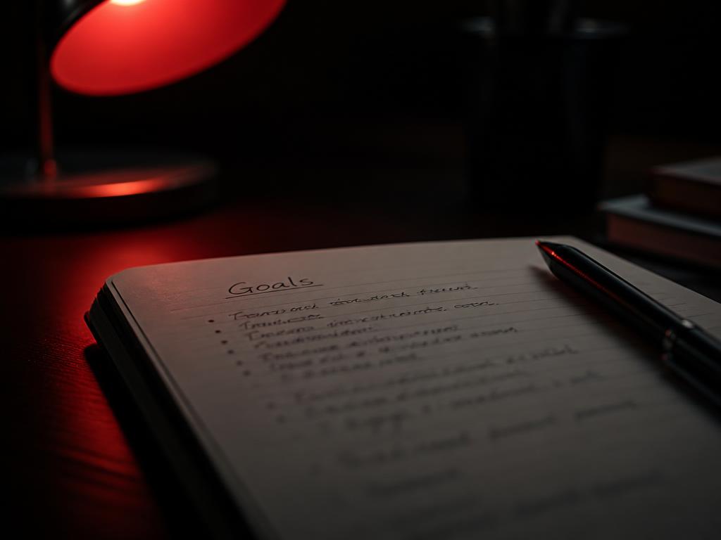 Caderno com metas escritas à mão sobre mesa escura iluminada por luz vermelha